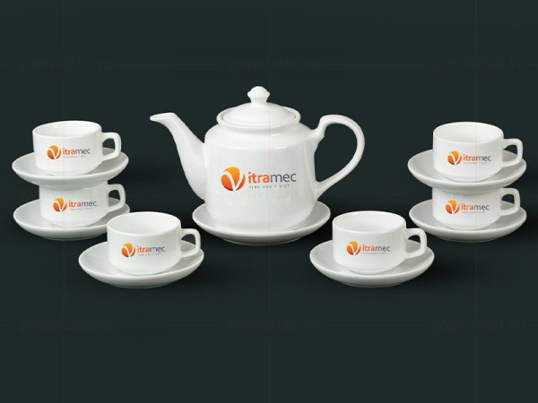 Bộ ấm chén in logo dáng vuông