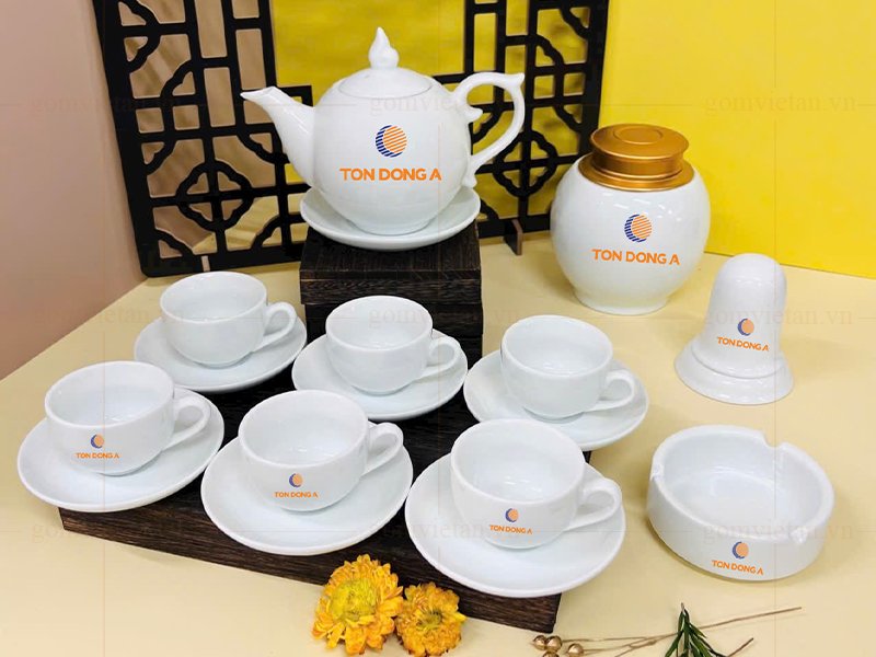 Bộ ấm chén in logo dáng bưởi chóp lửa