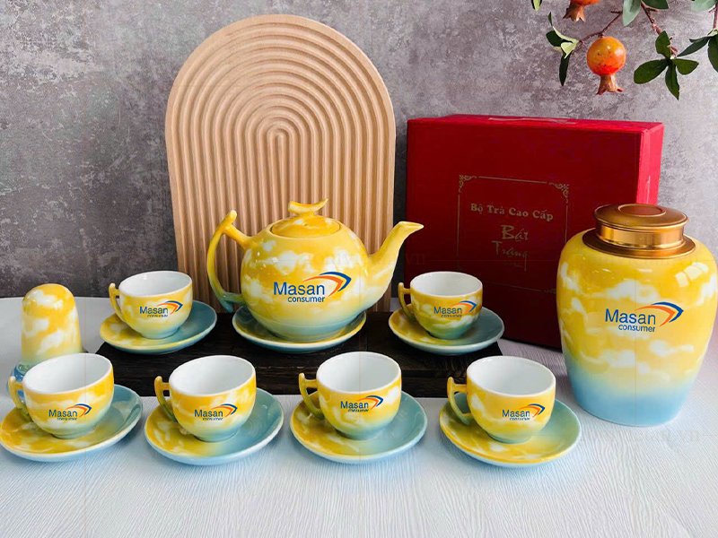 Bộ ấm chén in logo dáng bưởi trăng khuyết