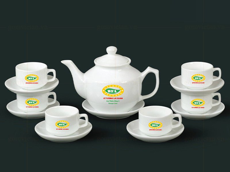 Bộ ấm chén in logo dáng vuông